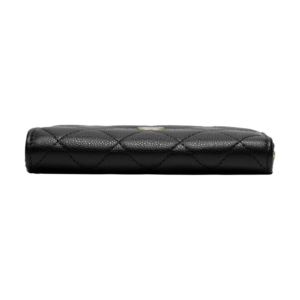 Chanel 23C Классический Золотой Логотип Double C Стеганый Глянцевый Текстурированный Телячий Кожаный Держатель для Карт Женские Аксессуары Черный AP3179-B10583-C3906