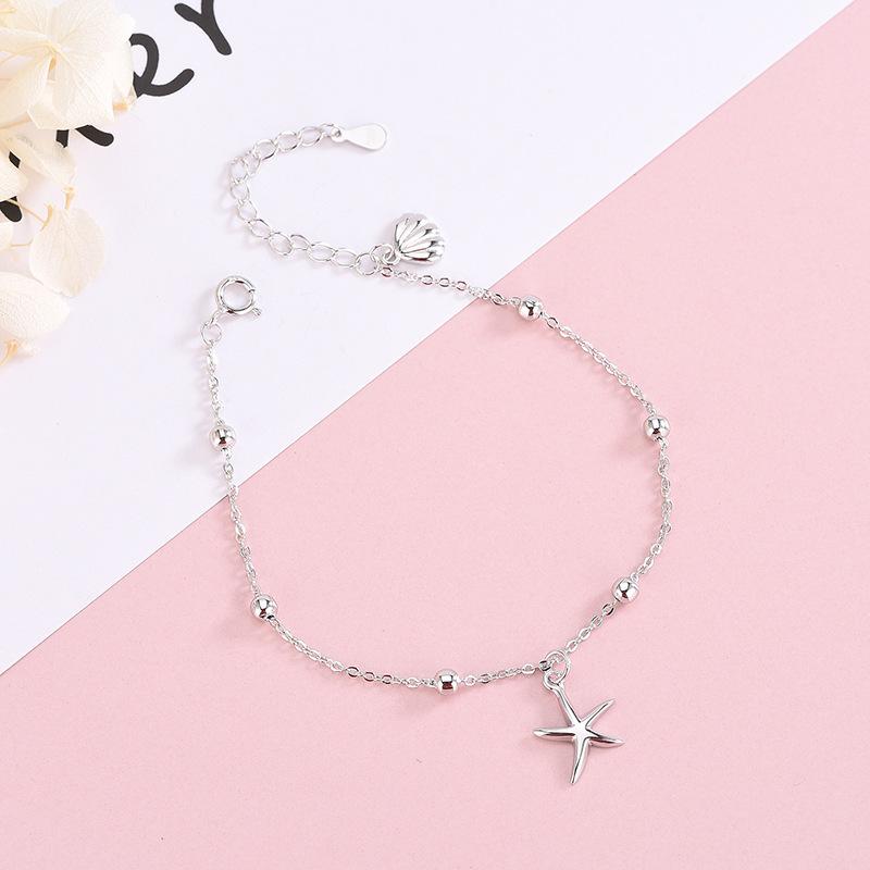 S925 Sterling Silver Japanese and Korean Style Starfish Shell Bracelet Literary Simple Style Round Bead Design Star Bracelet