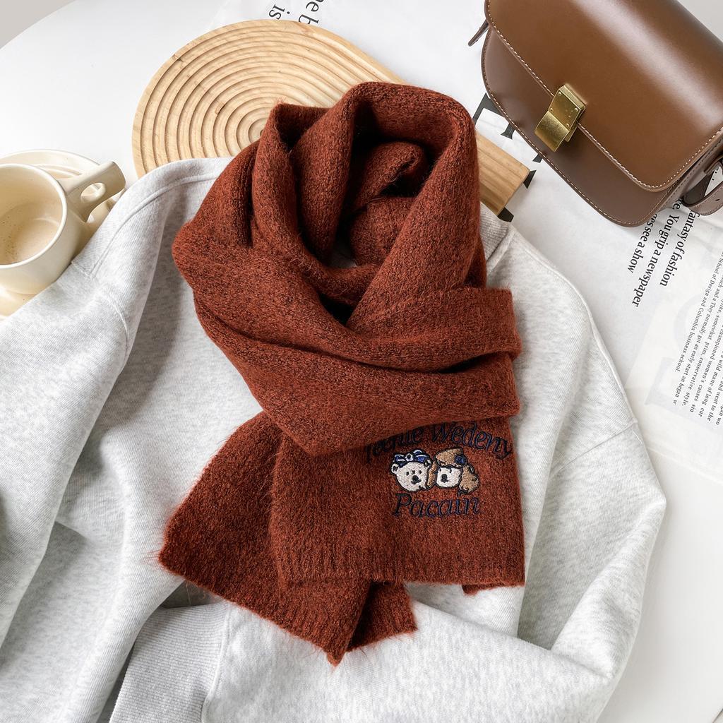 Cute Woolen Bear Scarf Embroidered Knitted Scarf For Women Winter Advanced Warm And Cold-Proof Versatile Student Woolen Scarf