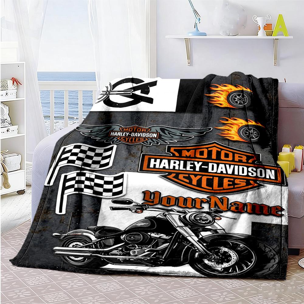 Harley-davidson Motorcycles Customize Text Blanket Multi-purpose Personalized Blanket Durable Comfort Perfect for Nap Bed Living Room Picnics