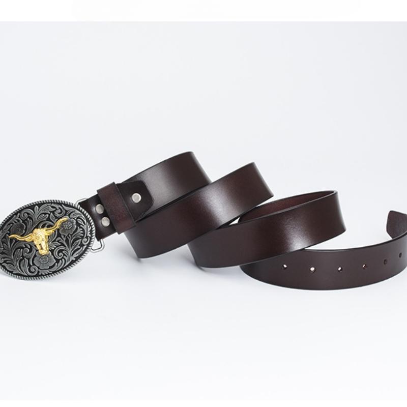 Fashion Personality Western Denim Belt Gold Plated Retro Cow Head Belt Men's Cow Leather Belt