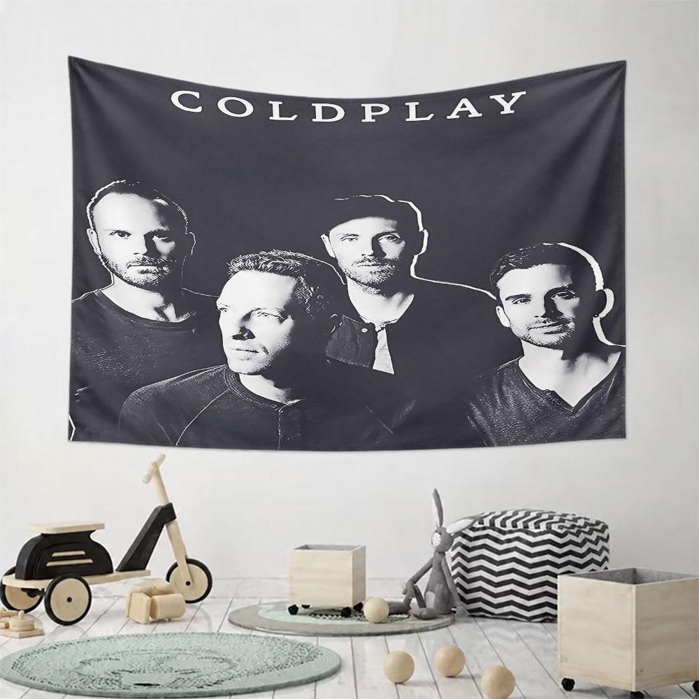 A stylized illustration of four individuals with "COLDPLAY" above them. Patterned tapestry for bedroom and living room home decor