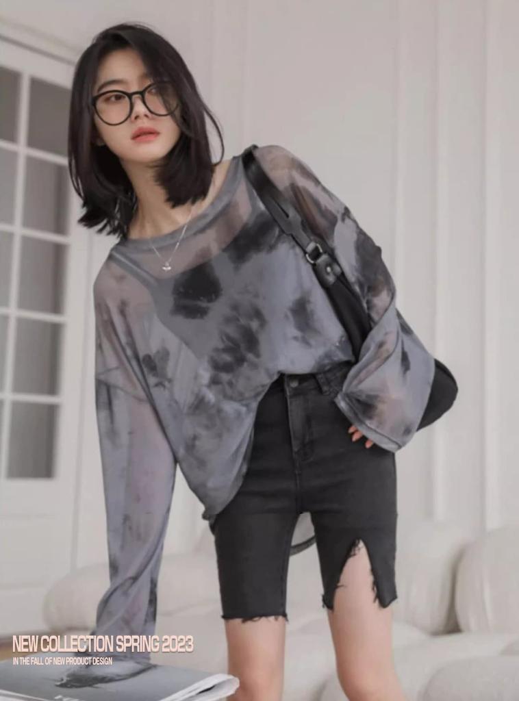 Yuoku Sheer Sexy Print Layered Long Thin Tulle Dance Oversized Shirt Loose Women's See-Through Top, Blouse, Show-Off Top, Look, Sleeve, Sheer,