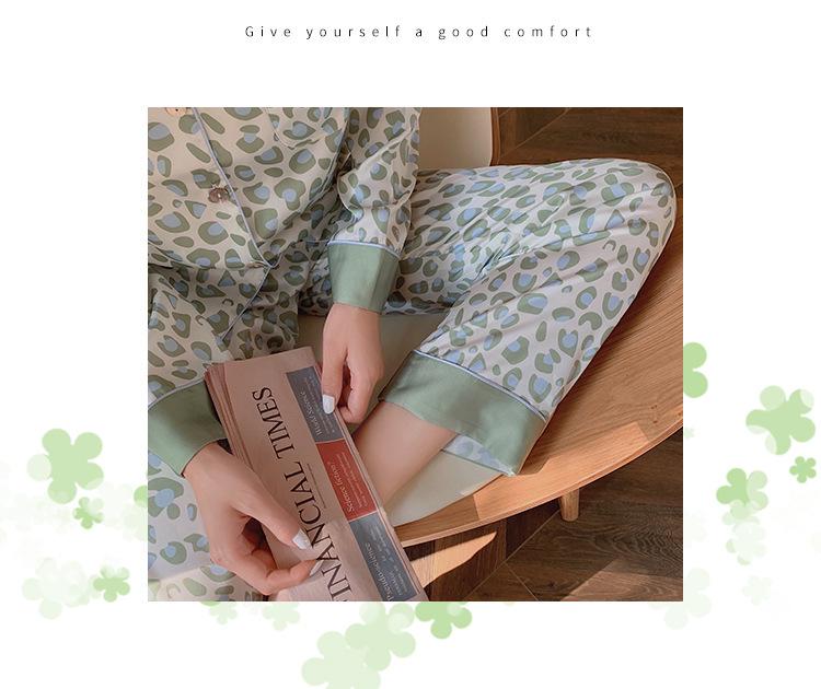 Женский пижамный комплект из шелка с зеленым леопардовым принтом - Длинный рукав и брюки - Легкий сатин для осени и весны