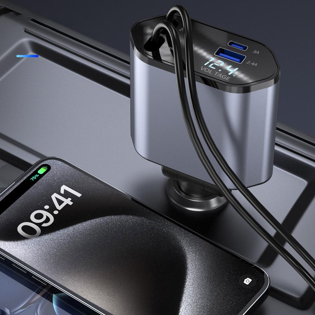 Автомобильное зарядное устройство 4 в 1, выдвижной автомобильный прикуриватель, USB-адаптер типа C, кабель для быстрой зарядки для Xiaomi, Huawei, Samsung