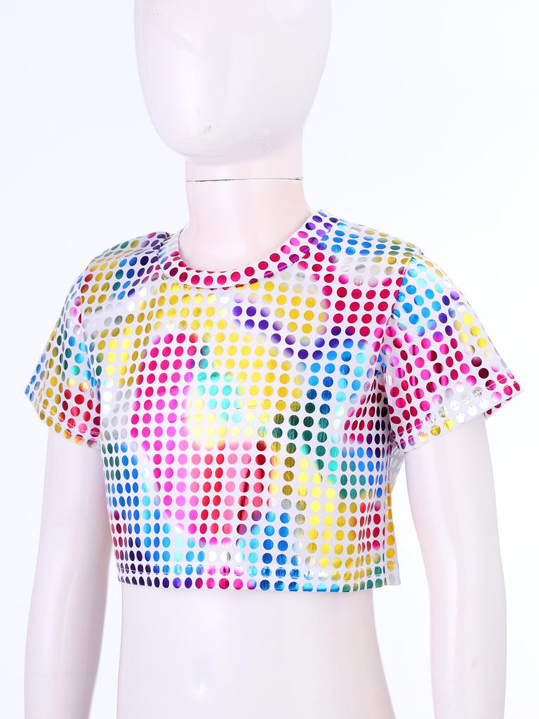 Boys Girls Sparkly Dance Crop Top Round Neck Short Sleeve Sequined Design for Performances