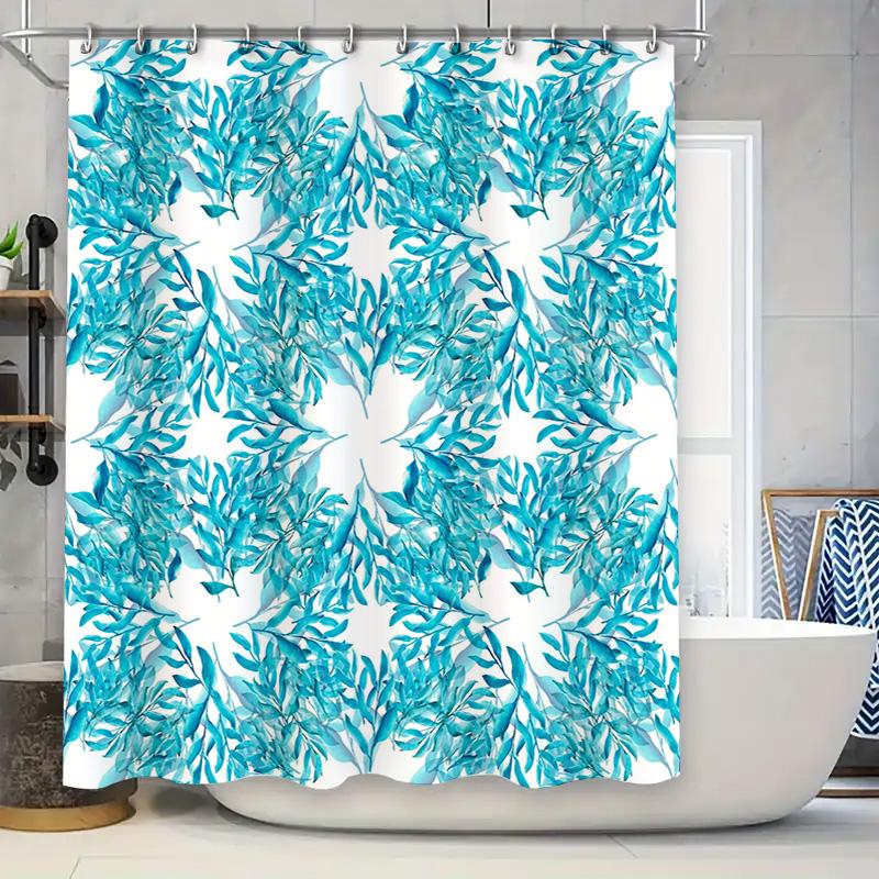 Blue Floral Shower Curtain SetWaterproof Fabric for Bathrooms Modern Design with White Background (201913)
