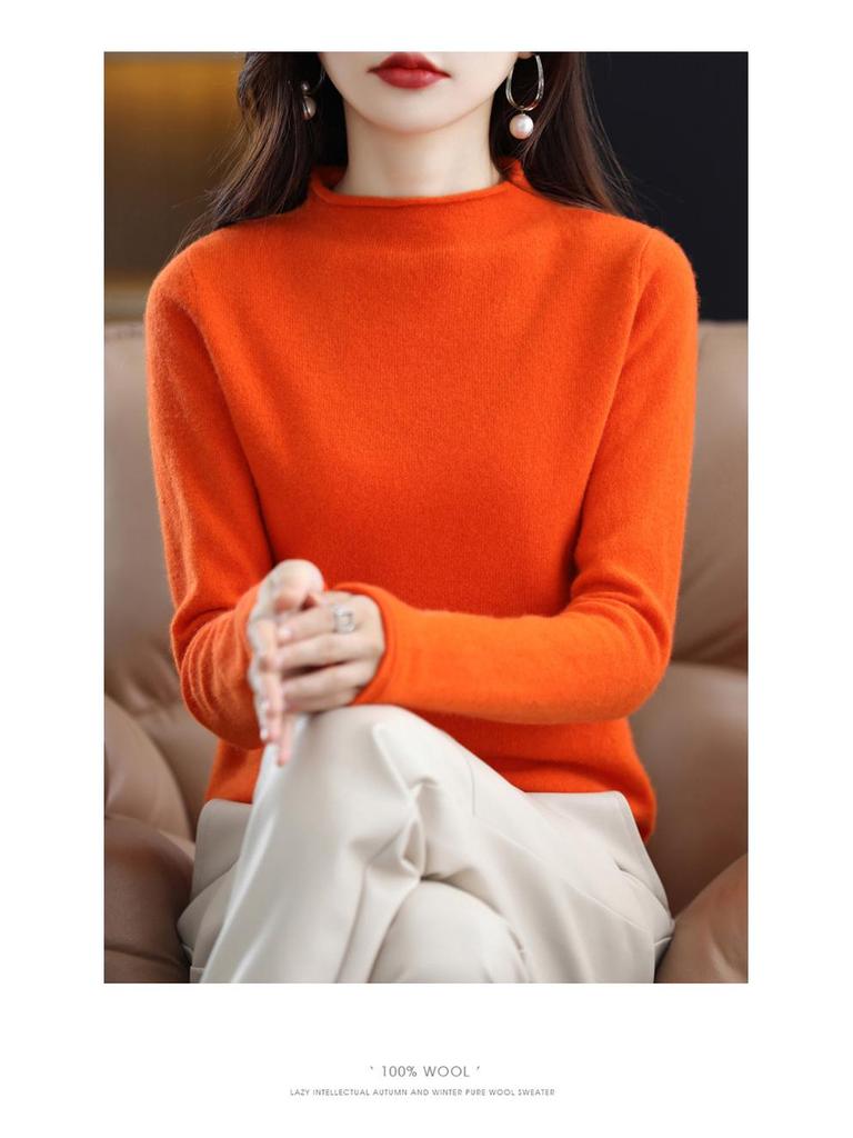 Женский свитер с полуворотом из мериносовой шерсти - 100% чистая шерсть, закрученный край, осенне-зимний трикотажный пуловер
