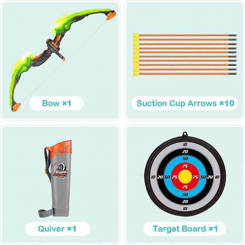 Набор лука и стрел для детей, Набор для стрельбы из лука со светодиодной подсветкой с 10 стрелами на присосках, мишенями и колчаном, Игры для сада в помещении и на улице, Зеленый