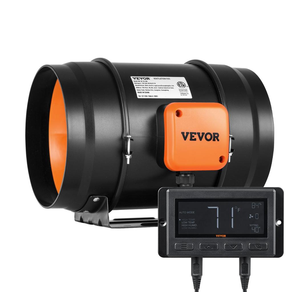 VEVOR Inline Duct Fan, 203.2mm 506.2 CFM with Temperature Humidity Controller, Quiet EC-motor Ventilation Exhaust Fan for Cooling Booster, Grow Tents
