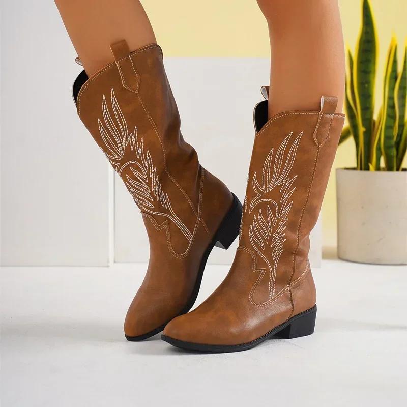 Women Fashion Slip On Knight Boots Ladies Autumn Winter Thick Sole Knight Shoes Pointed Toe Square Heel Embroidered Cowboy Boots