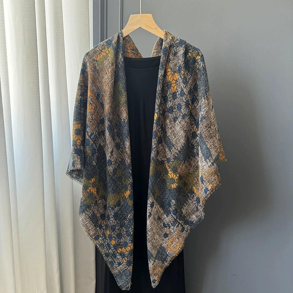Women Elegant Square Scarf 130x130cm Retro Ethnic Style Soft Cotton Linen Breathable Scarf Large Shawl Female Foulards