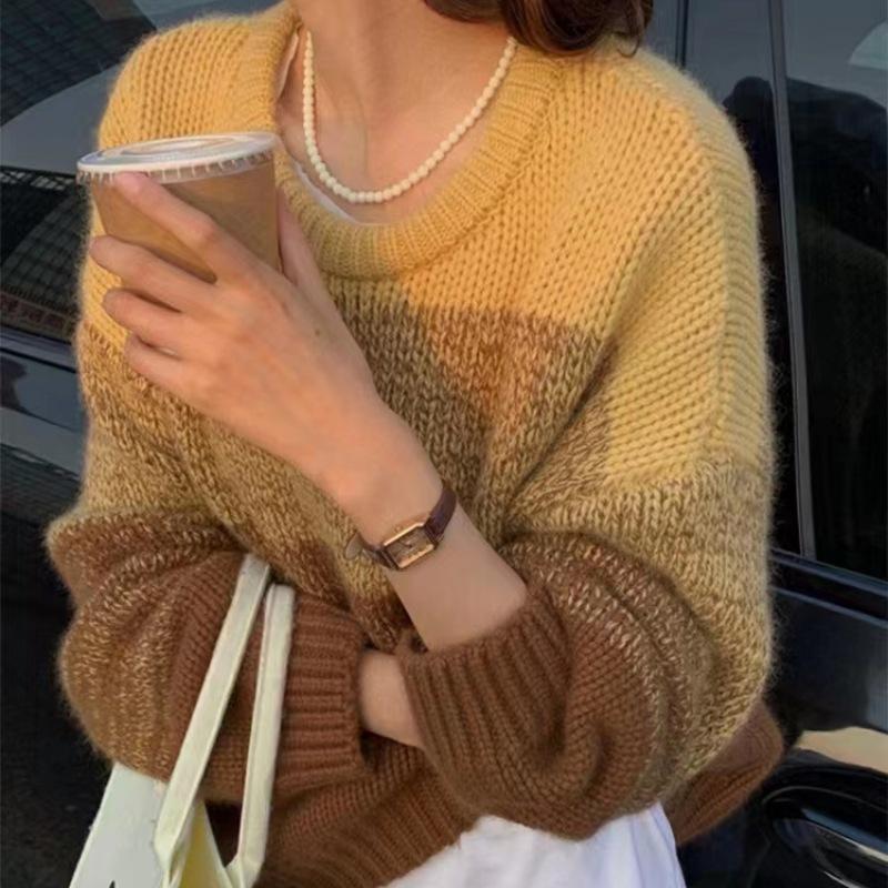 Women's Fashion Casual Fall Winter Colour Block Print Long Sleeve O-Neck Sweaters