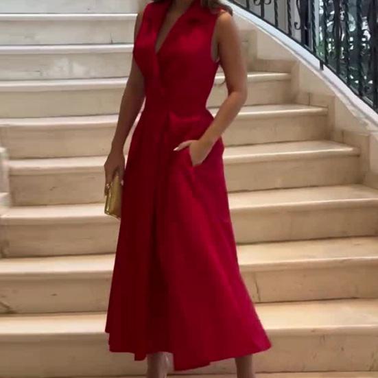 Летнее женское платье трапециевидной формы с глубоким V-образным вырезом и лацканами без рукавов, с большим подолом, плиссированными боковыми карманами, чистый цвет, официальное платье миди для делового офиса