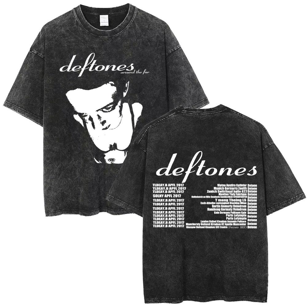 Стирка Винтажные Футболки с Графикой Кота Рок-Группы Deftones Мужские Альтернативный Хэви-Метал Короткий Рукав Мужской Ретро Уличная Одежда