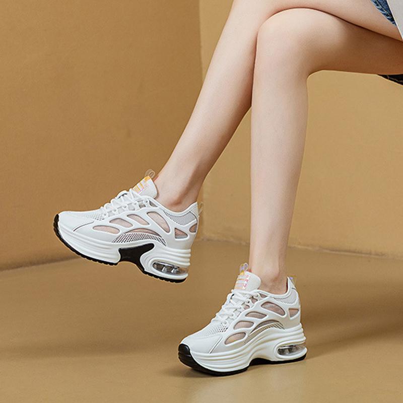 Дышащая летняя обувь, женские модные кроссовки со шнуровкой, увеличивающие рост на 8 см, женские сетчатые брендовые белые туфли