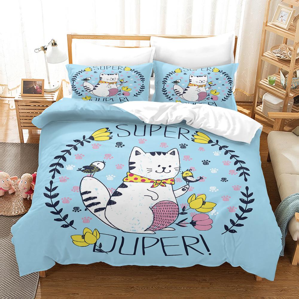 Cartoon Cat King Full Queen Duvet Cover Lovely Pet Kitty Bedding Set Animal Quilt Cover 2/3pcs Purple Polyester Comforter Cover