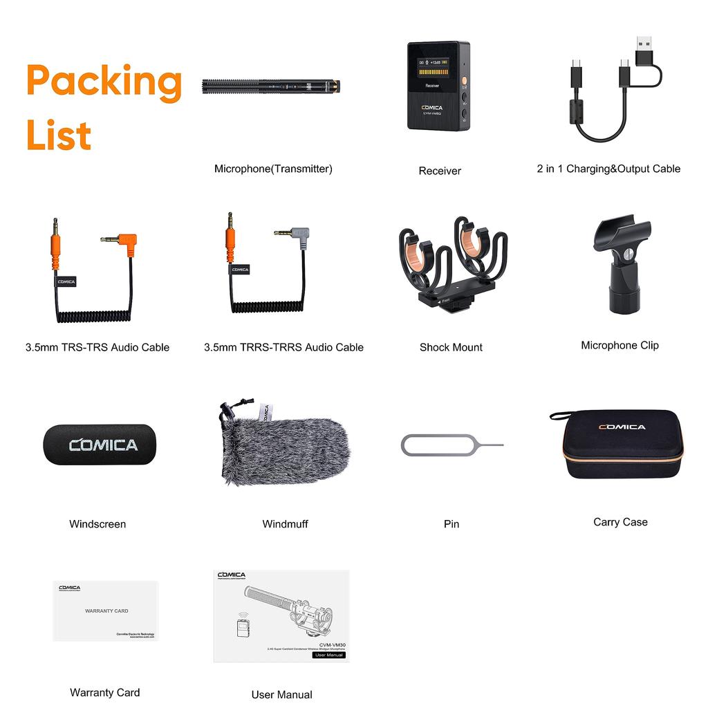 Comica VM30 Video Gun Microphone Wireless Wired Dual Mode Ultra Unidirectional Low External Microphone Wireless Microphone for and PCs + [USB-C & &