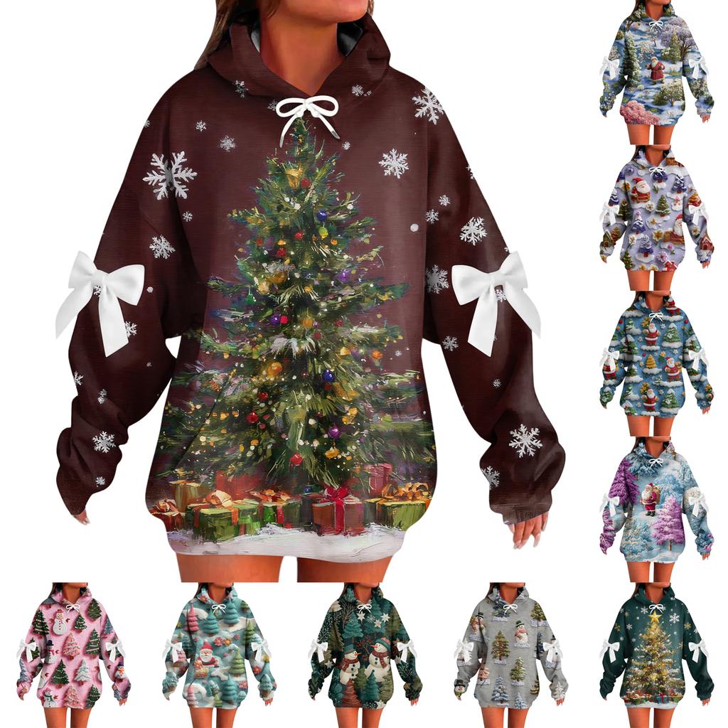Женский рождественский с принтом банта, с длинными рукавами, свободного кроя, повязка на голову с веревкой, худи-топ с капюшоном