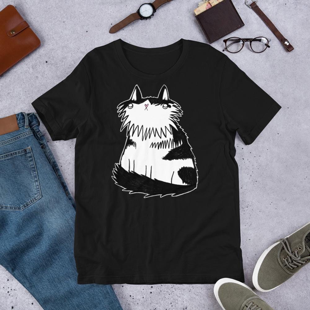 STRAIGHT CUT T-SHIRT Tuxedo Cat Kawaii Kitty Fluffy Cat Folk Art Cute Goth Birthday Gifts Gothic Punk Emo Outsider Art Black and White Cat