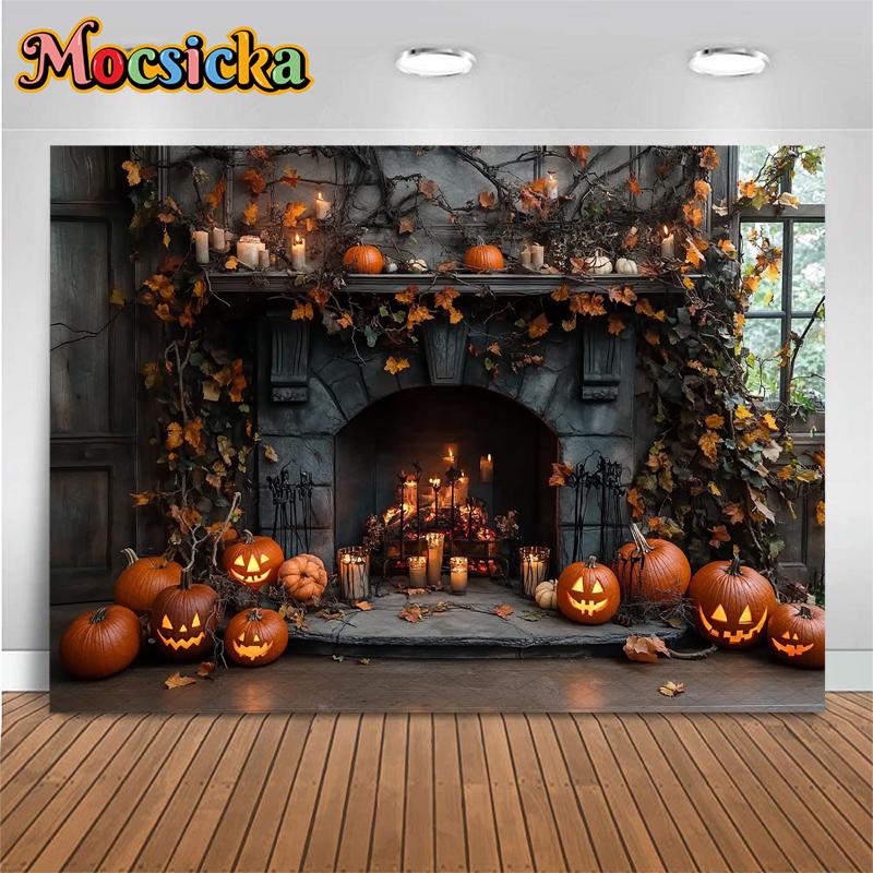 Mocsicka Хэллоуин Камин Фон Для Фотографии Деревянная Стена Тыквенная Вечеринка Детский Фотофон Лист Летучая Мышь Украшения Баннер