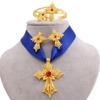 Ethiopian Gold Plated Cross Jewelry Sets Pendant Necklace Earring Ring Dubai Gifts for Women Eritrea Wedding Bridal Set