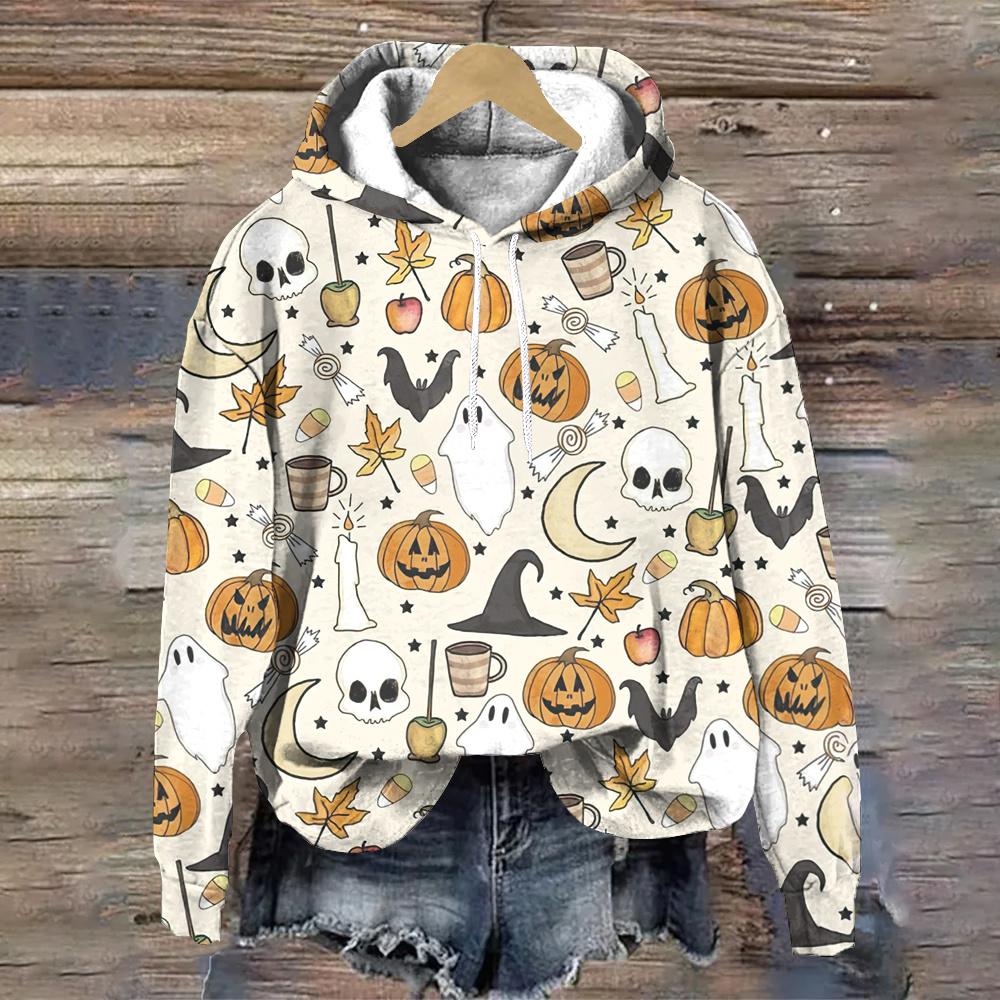 Осенняя мода Женская толстовка с капюшоном Хэллоуин Тренд Тыквенные головы и призраки Принт Пуловеры Толстовки Свободные топы Женские толстовки