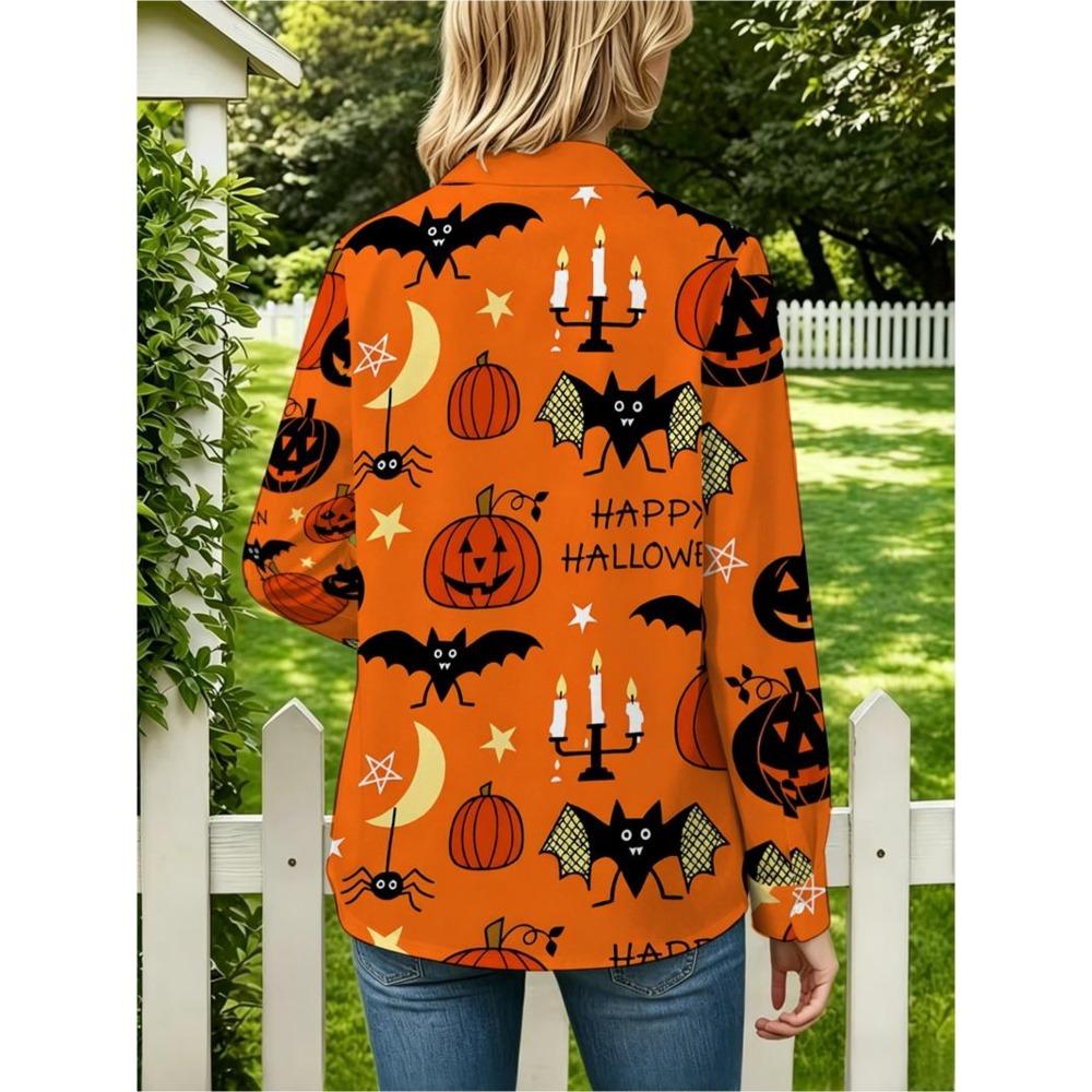 New Women's Long Sleeve Shirt, Halloween Pumpkin Bat Shirt
