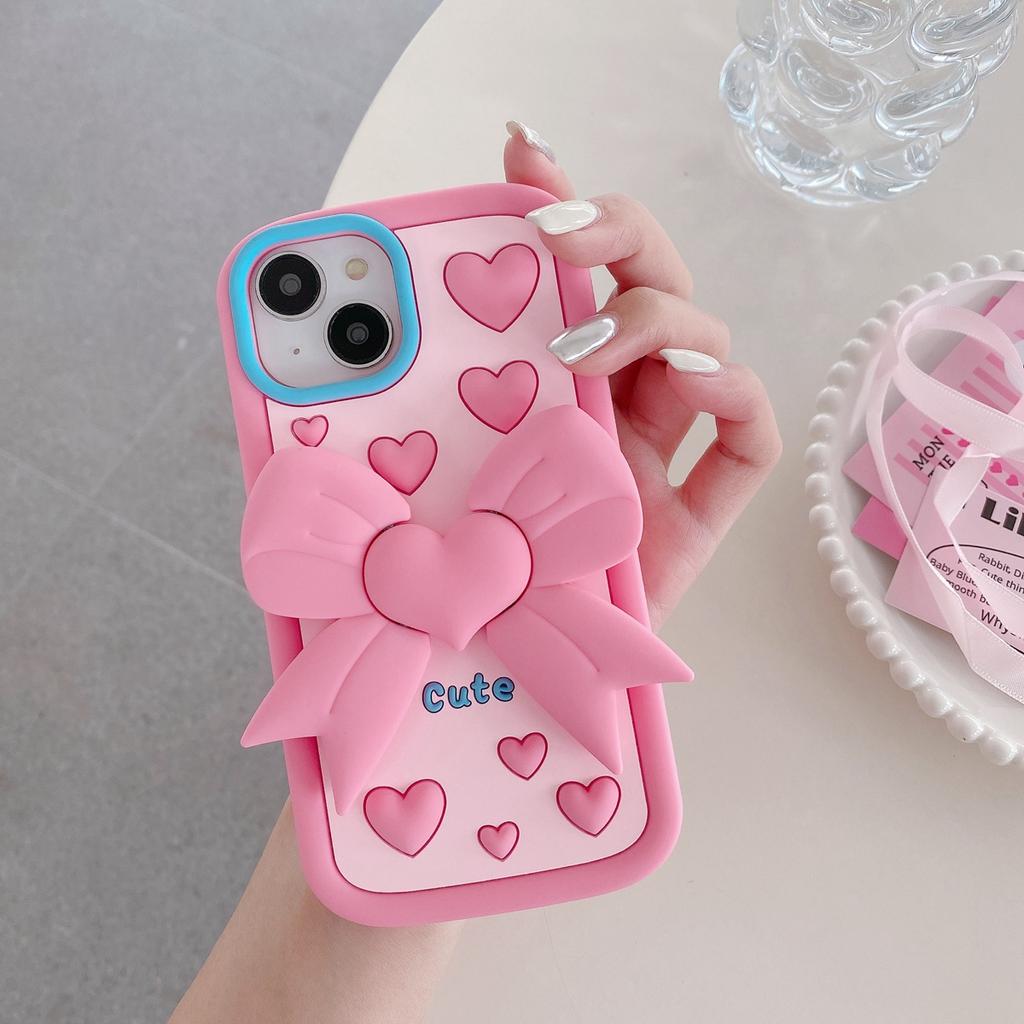 Cute Cartoon 3D Bow-knot Bracket Phone Case for iPhone 11 12 13 14 15 Pro Max 12 Pro 13 Pro 14 Pro Max Anti-drop Soft Silicone Cover