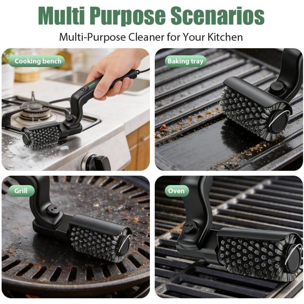 Electric Grill Brush, Cordless Electric BBQ Grill Cleaner with Powerful Motor, Rechargeable Grill Cleaning Brush for Burnt-On Grease & Grill Grates