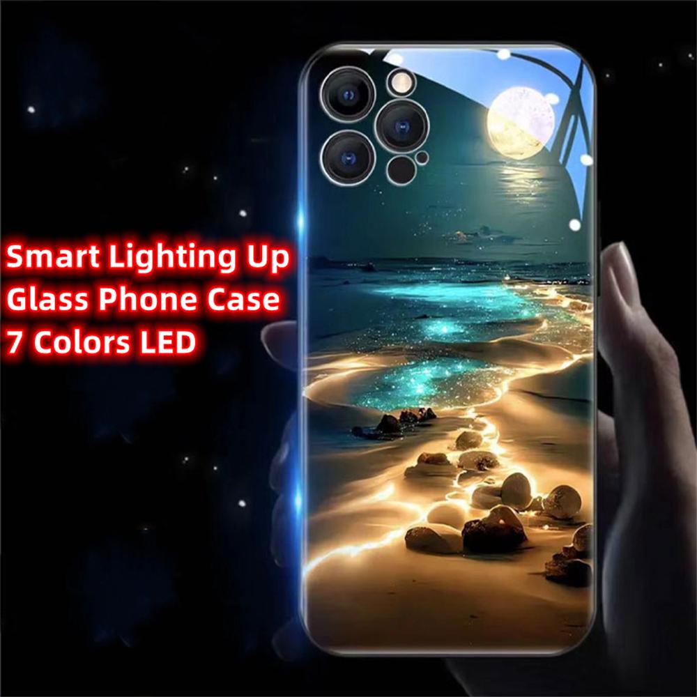 Luminous Phone Case Meteor Beach Luminous Glass LED Call Flash Phone Protective Case Suitable for IPhone