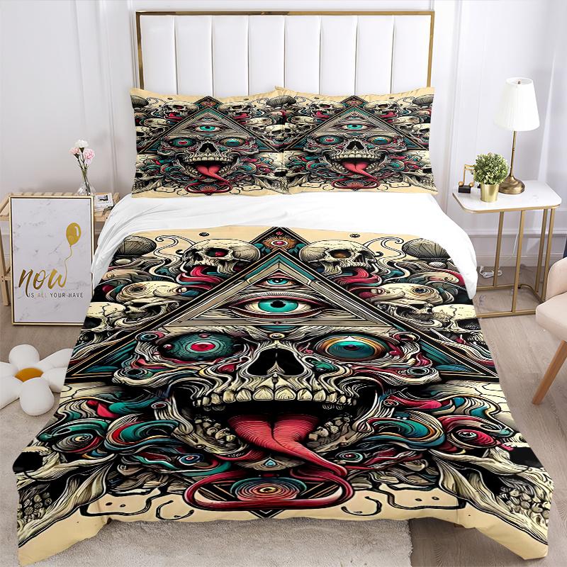 3pcs Anime Skulls & Pyramids Comforter Set with One Quilt Cover and Two Pillowcases (No Core) - Home Decor, Festival Gift, Polyester Fabric, Bedroom a