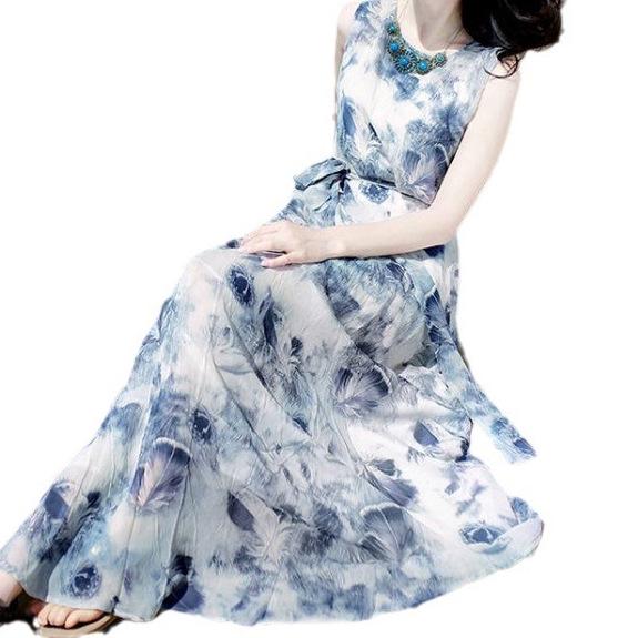 2023 Summer Sleeveless Milk Silk Sundress: Slim, Long Beach Holiday Dress with Round Neck.