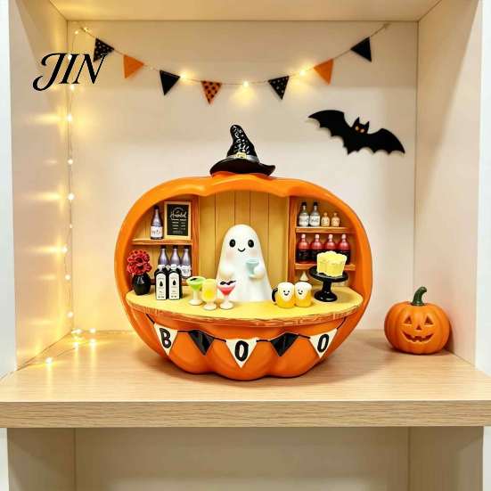 Halloween Theme Room Accents Pumpkin Bar Counter Figurine, Cute Ghost Bartender Mini Quirky Gift for Friends Scene Statue, Desktop Ornament Home Party