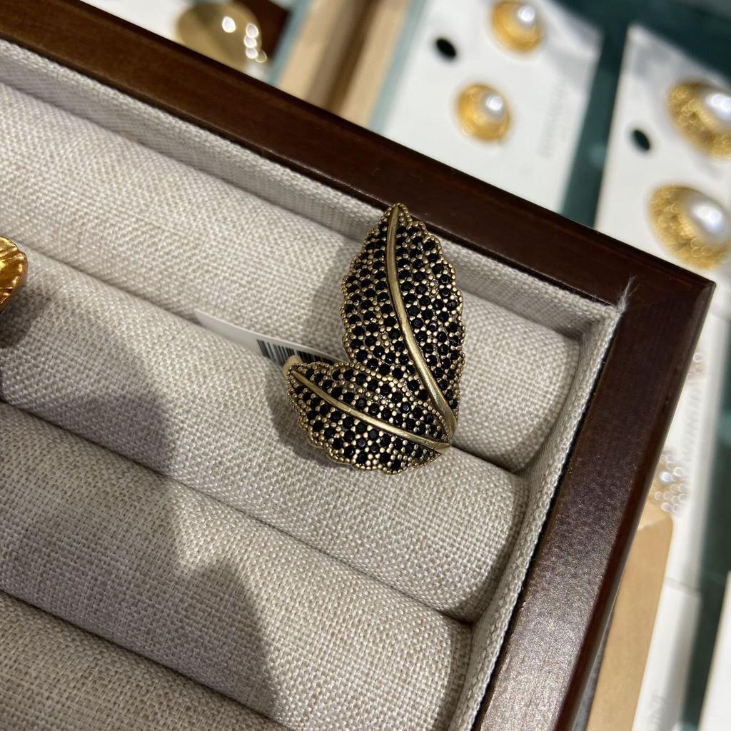 Кольцо с листом из золота и черного циркония для женщин в стиле ретро, старое индивидуальное кольцо на указательном пальце, литературное кольцо с листом, живая партия колец
