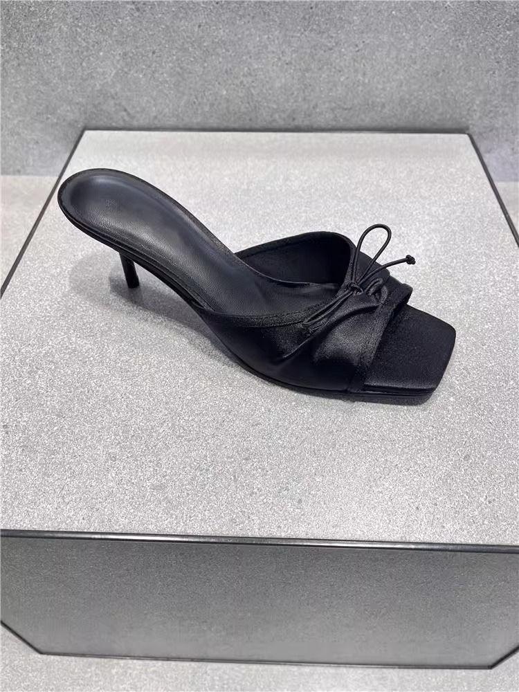 Элегантные тапочки женские однотонные кожаные однотонные с открытым носком на тонком высоком каблуке женские шлепанцы с бантом-бабочкой уличная обувь большого размера