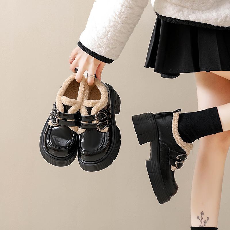 New Velvet Warm Loafers Women'S New Thick Heel Thick Sole Retro New Small New Small Leather Shoes