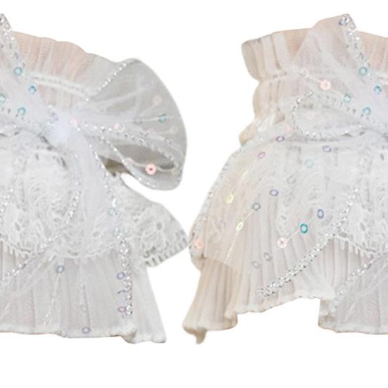 White Lace Wrist Cuffs for Women Short Sequined Tulle Fingerless Gloves Elastic Ruffle Wristband