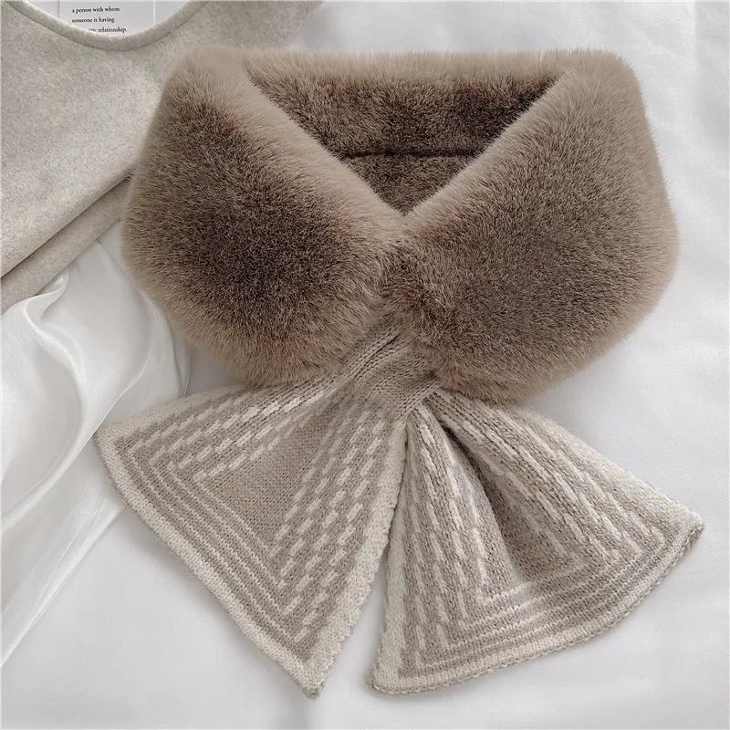 Scarf Women's Autumn Winter All-match Korean Plush Faux Fur Scarf Stripe Neck Protection Collar Thickened Warm Scarfs