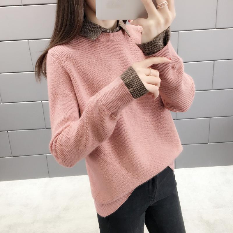 Свитер женский новый осенне-зимний свободный свитер весна корейский студенческий поддельный двухсекционный воротник-рубашка вязаный свитер