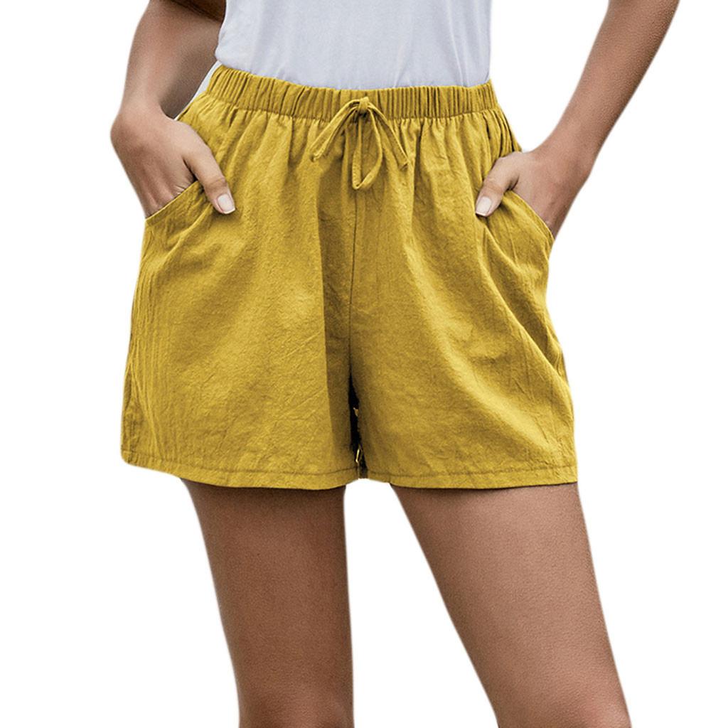 Женские однотонные хлопковые и льняные шорты с высокой талией, повседневные пляжные шорты, брюки