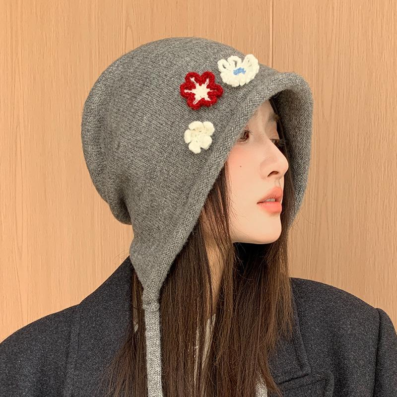 Korean Version of Flower Knitted Fisherman Hat Autumn and Winter New Hat for Women Cute Face Showing Small Pot Hat Casual Versatile Bucket Hat
