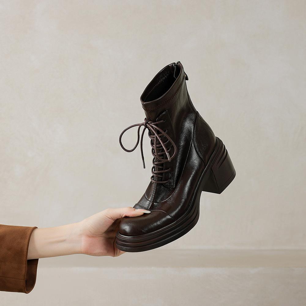 Great To Wear! Treasure of the Town Store~ 2025 Autumn and Winter High-heeled Elastic British Martin Boots Women's Lace-up Thick-heeled Short Boots