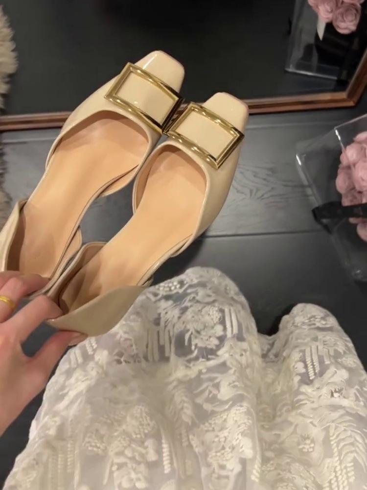 Inner heightening version~ French square head metal buckle shallow mouth single shoes femininity hollow leather one pedal commuter sandals