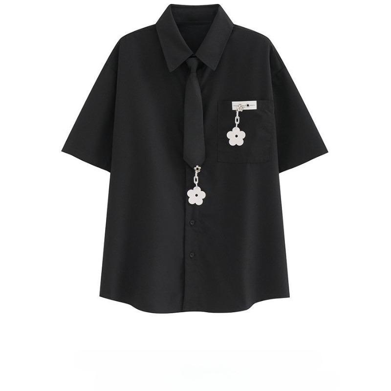 Однотонные рубашки с коротким рукавом для женщин, рубашка в американском ретро-стиле колледжа с галстуком, летние топы с лацканами на одной пуговице