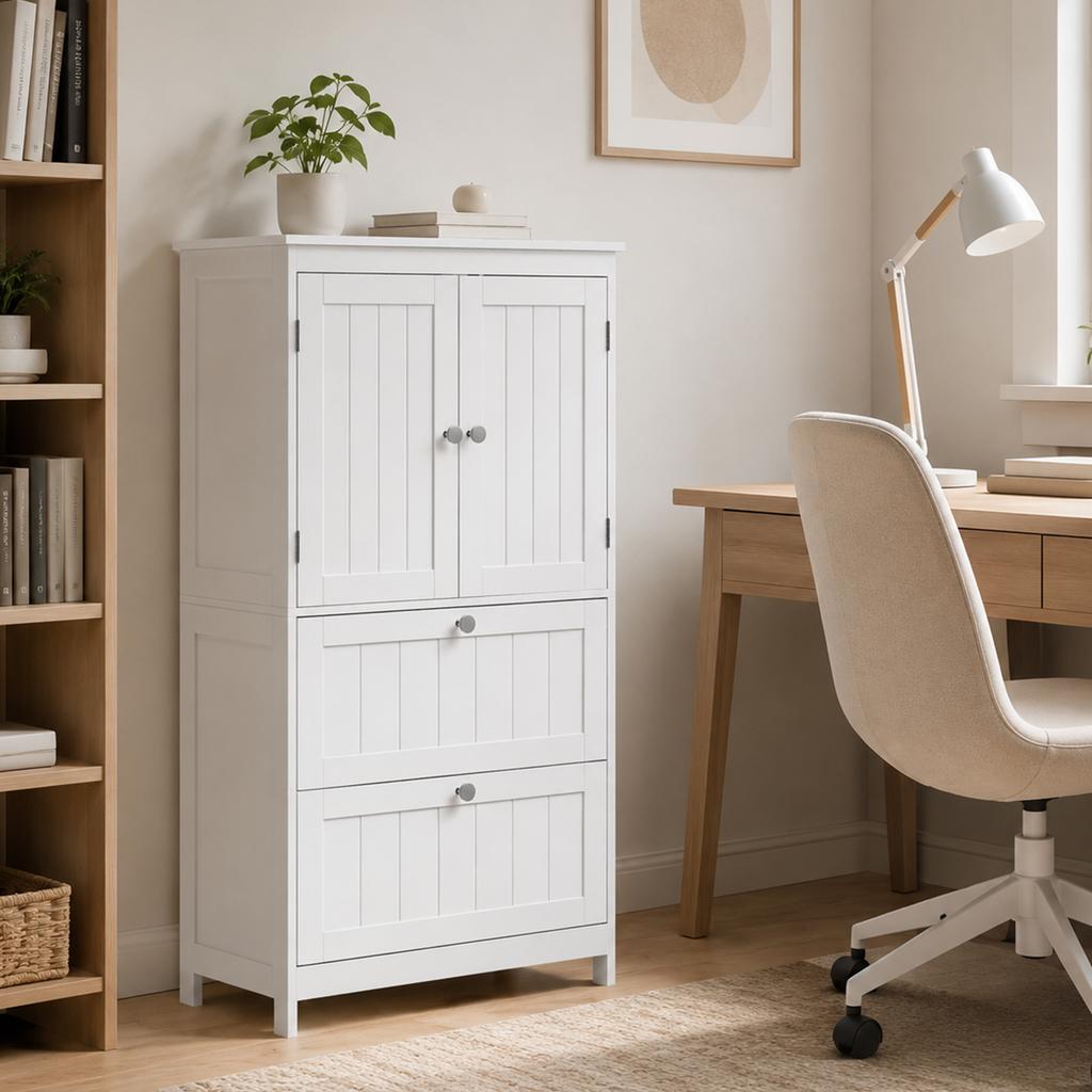 Bathroom Cabinet with 2 Drawers, Free-standing, with Adjustable Shelf and Doors in Slatted Look, White