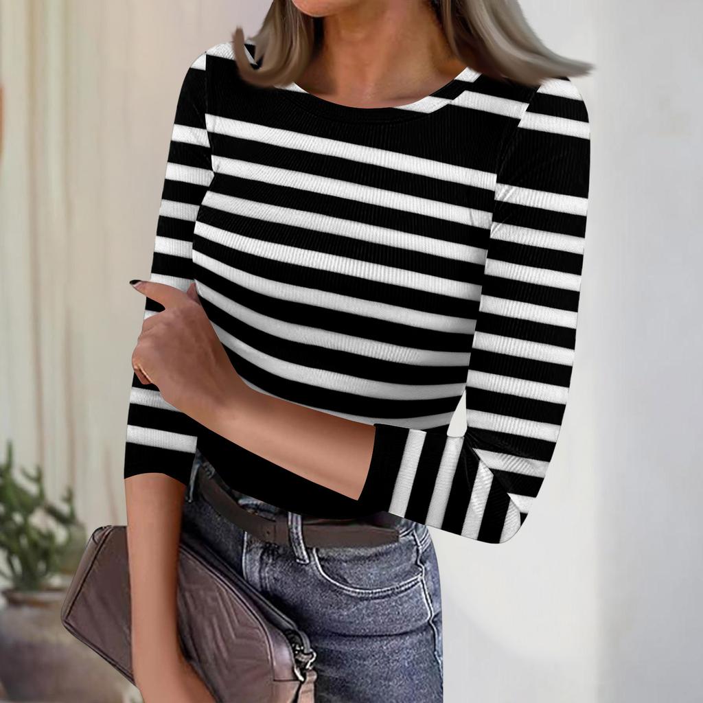 Женский повседневный модный топ в полоску с круглым вырезом и рукавами три четверти, в рубчик