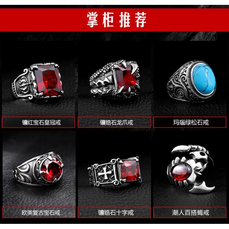 Beier Vintage Stainless Steel Ring With Sapphire Inlay Mens Decorative Crown Band Retro Finger Jewelry