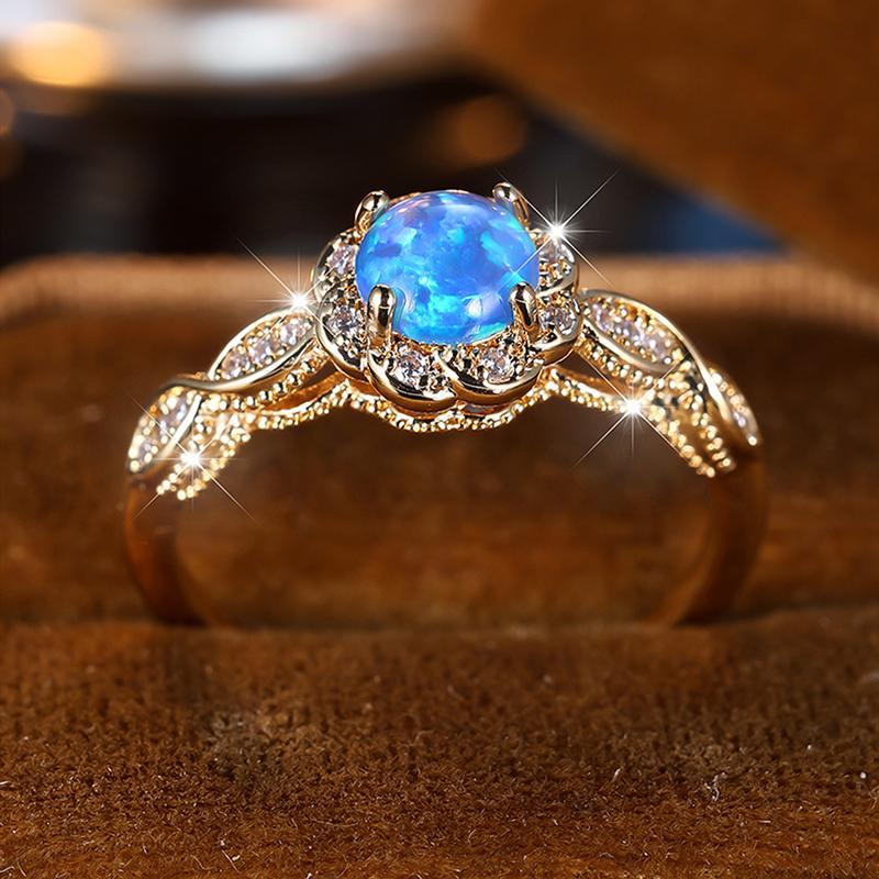 Роскошное кольцо с белым опалом для женщин, желтое золото, цветочные обручальные кольца, круглые циркониевые ювелирные изделия