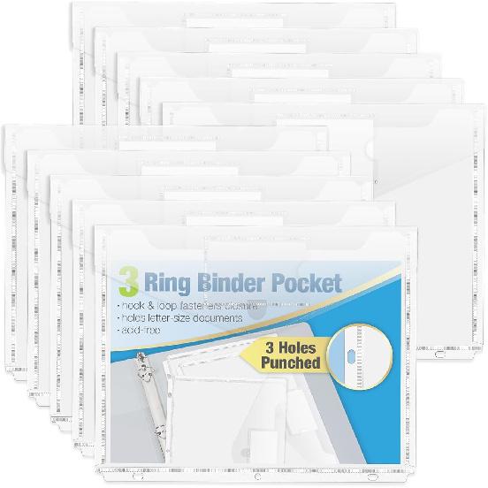 Forvencer Binder Pocket, 10 Pack Super Heavyweight Plastic Folders with Tight Closure, Folders with Pockets Side Loading, Binder Organizer, Binder